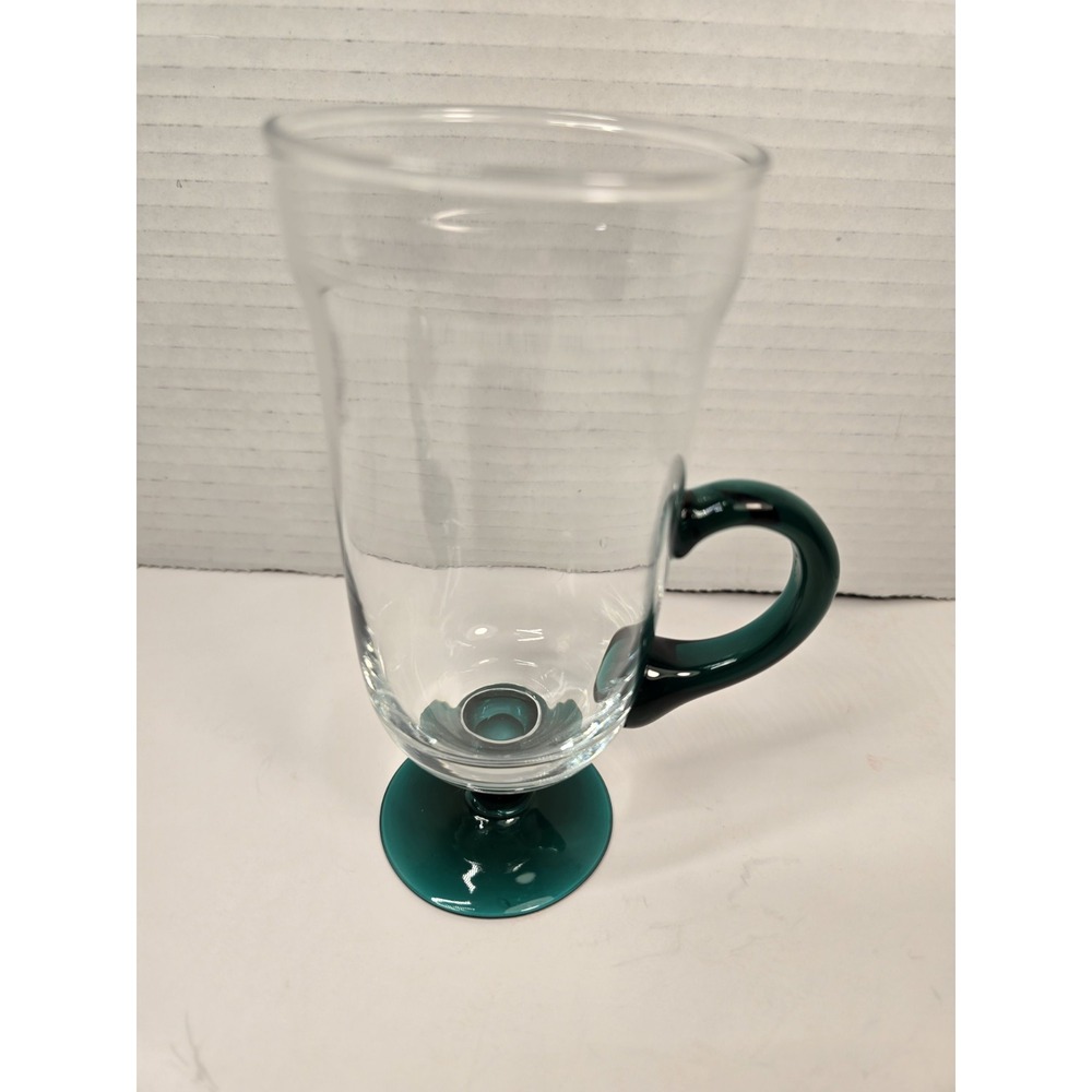 Pier 1 Pedestal Irish Coffee Mug Handblown Clear With Green Handle & Base‎